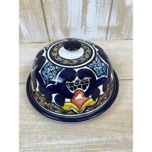 Genuine Talavera Mexico 5.5” Handpainted Pottery Covered Butter Dish Signed￼